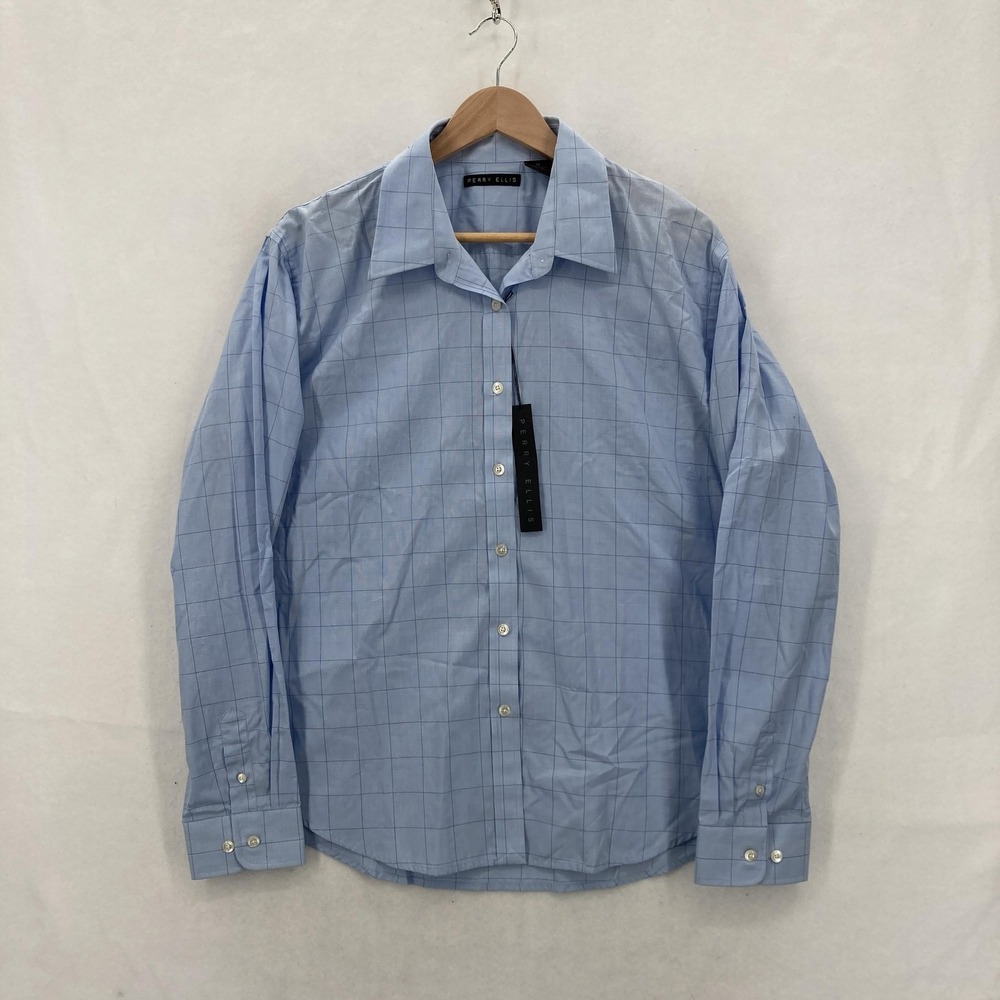 Perry Ellis Shirt Mens XL Blue Windowpane Check Button Down Dress Long Sleeve